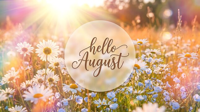 Hello august written on circular background surrounded by charming daisy field with lens flare and soft golden lighting to celebrate beautiful peak of warm summer weather days.