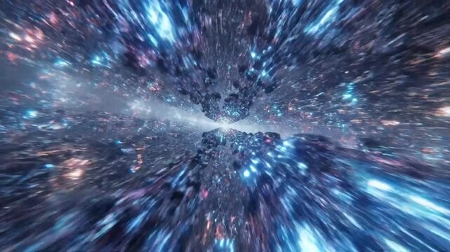 Traveling through a colorful, vibrant hyperspace tunnel with fast-moving streaks of blue, green, and pink light