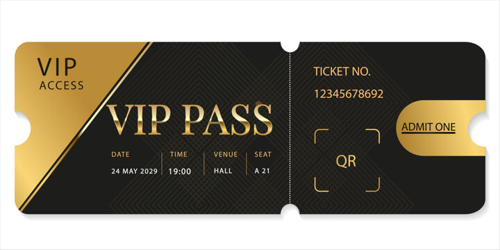 VIP ticket template in black and gold style. Horizontal vector layout of a premium pass with a geometric pattern and a QR code for private parties and concerts.