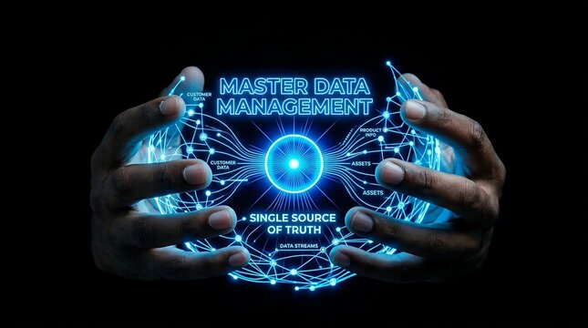 Master Data Management Concept with Digital Hands and Data Network.