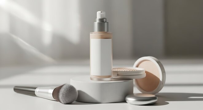 Liquid foundation bottle with makeup brush and powder compact on a clean display stand for beauty products