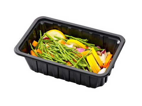 samphire and spring onion zucchini in a plastic tray, isolated on white.