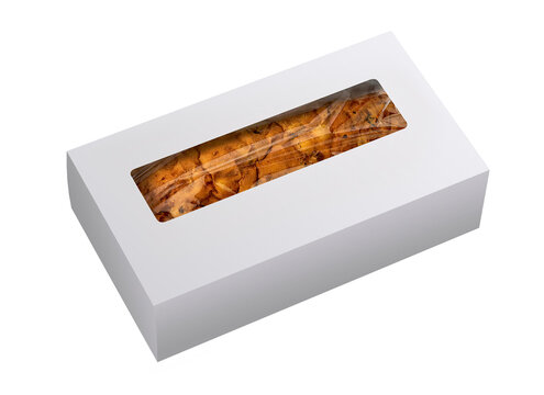 Currant bread with almond paste in carton box isolated on white