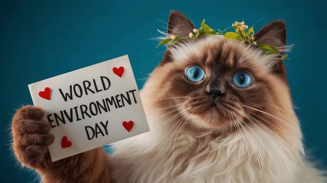 Ragdoll cat holding World Environment Day sign with floral crown in this cute digital animation style stock video clip
