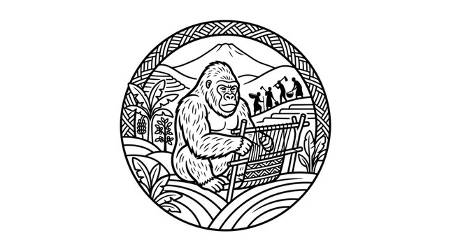 Gorilla sitting on mountain landscape.