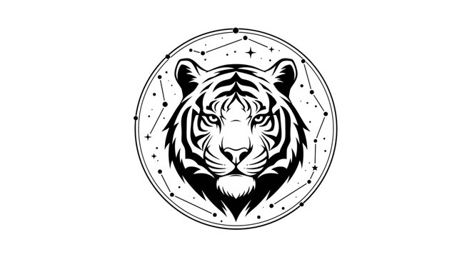 Tiger Zodiac Constellation Emblem - Black and White Vector Art