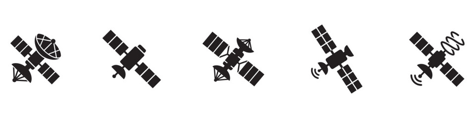 Satellite icon set. Space communication system symbol. Orbital station technology logo. Telecommunication and radar signal sign. Vector illustration. Vector Graphic. EPS 10 © Jeremy_Show