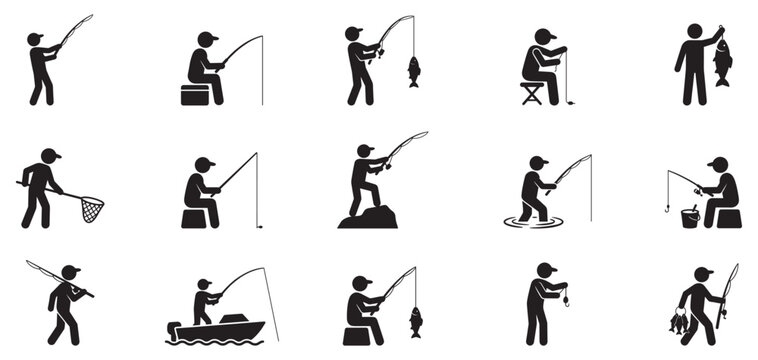 Fishing man icon set. Fishing pictogram icon set. Fisherman with rod symbol. Fish catching activity logo. Outdoor hobby and sport sign. Vector illustration. Vector Graphic. EPS 10