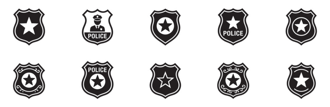 Police badge icon set. Sheriff star shield symbol. Law enforcement protection logo. Safety and security department sign. Vector illustration. Vector Graphic. EPS 10