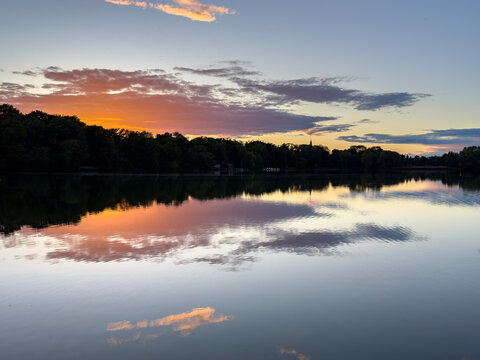 sunset over the swan lake in zwickau east germany