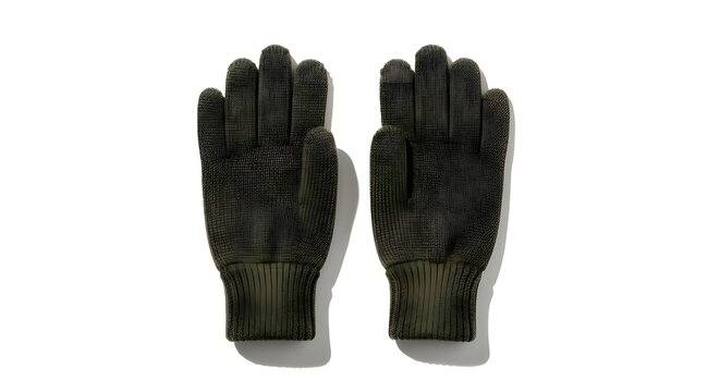 A Pair of Dark Green Knitted Five-Finger Thermal Gloves Isolated on a Plain White Background