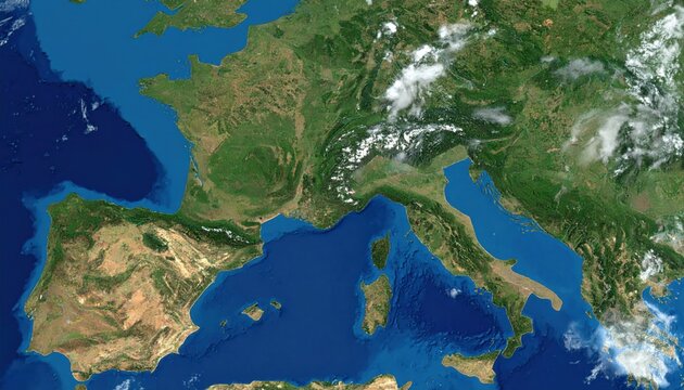 Satellite View of Europe: Italy, France, Spain, Alps, Mediterranean Sea