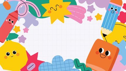 Fototapeta premium Back to school 4K video frame vector background with colorful geometric doodles, grid paper copy space, cute cartoon shapes and school supplies.