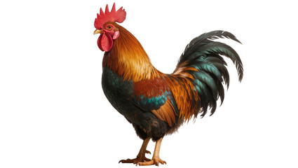 Isolated majestic colorful rooster, farm animal with vibrant plumage, standing in profile © Niamh