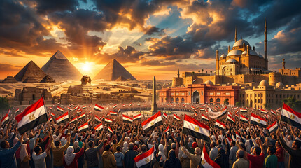 Egypt Revolution Day Commemorative Artwork with Pyramids and National Celebration.
