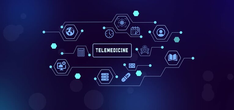 Futuristic healthcare information network showcasing digital telemedicine, patient monitoring, and medical tech.