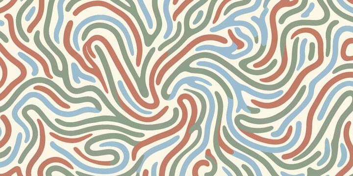 Colorful abstract background with interconnected wavy organic lines in retro color palette.