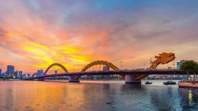 Time lapse of Dragon bridge and traffic in Da nang, Vietnam.