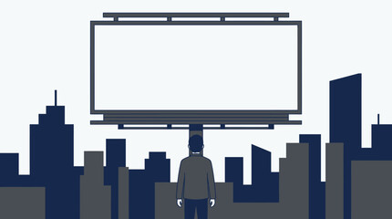 A businessman stands facing a large blank billboard in the city. © iradan