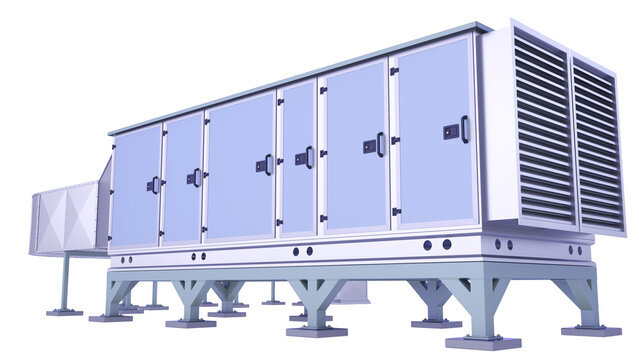 AHU - Air Handling Unit. Camera view slightly from below, slightly from the front and slightly from the side. 3D rendering isolated on white background. Ideal for professionals, edu, engineering