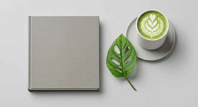 Minimalist art lifestyle flat lay with painting album and matcha latte cup