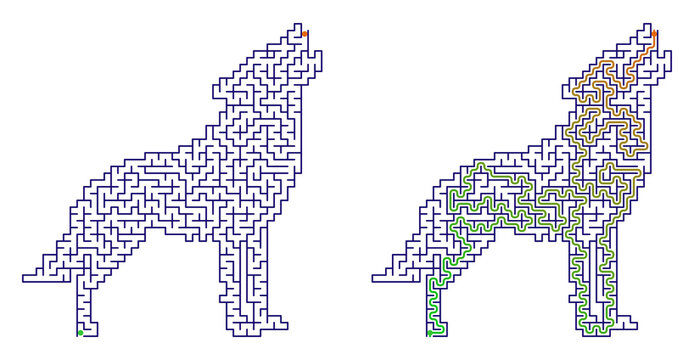 Wolf-shaped maze puzzle worksheet with solution path for all ages  