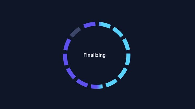 Animated digital interface displaying a finalization status ring with segmented progress indicator on a dark background, representing process completion, workflow execution, system readiness, and task