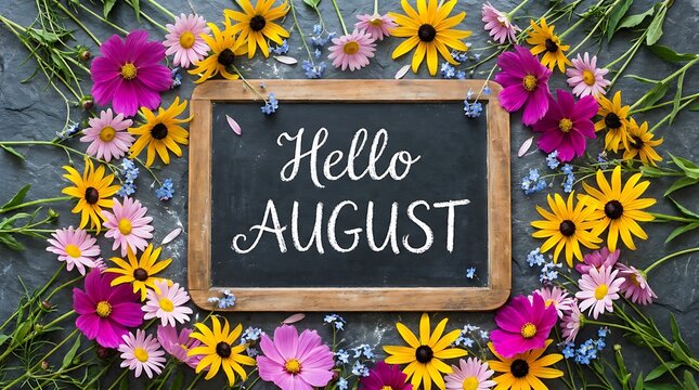 Chalkboard with hello august written in white chalk surrounded by vibrant colorful flowers and greenery on dark stone background springtime celebration.