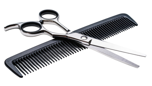 Isolated shiny metal professional hairdressing scissors and black comb for hairstylist tool