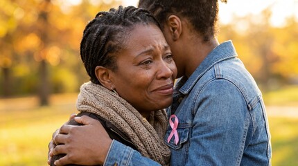 Fototapeta premium Black cancer survivor woman friendship support hugging pinkribbon recovery community Contextual composition includes the environment and return to everyday life embraces close friend outdoors with