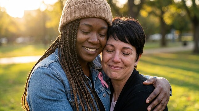 Black cancer survivor woman friendship support hugging pinkribbon recovery community Intimate composition emphasizes personal emotion and the survivor journey embraces close friend outdoors with