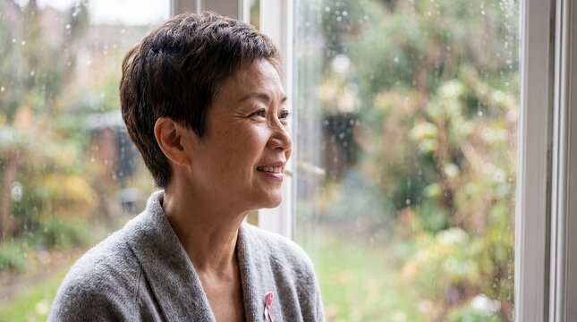 Asian cancer survivor woman shorthaired recovery hope pinkribbon window smiling Intimate composition emphasizes personal emotion and the survivor journey looks through rain touched window with gentle