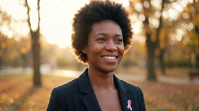 Black breastcancer survivor woman pinkribbon proud recovery outdoors confidence hope Contextual composition includes the environment and return to everyday life smiles on sunlit park path wearing