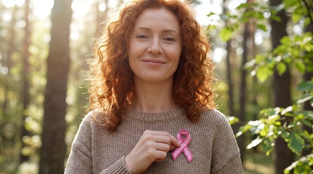 white breastcancer survivor woman pinkribbon redhair nature recovery hope awareness Contextual composition includes the environment and return to everyday life holds ribbon near heart in green