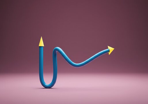 A complex, winding route depicted by an abstract curved line against a plain background, representing uncertainty and deviation from a straight course, abstract, development, directionless