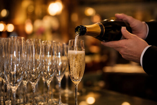Elegant sparkling wine pour into champagne flute at luxury celebration event with rows of empty glasses