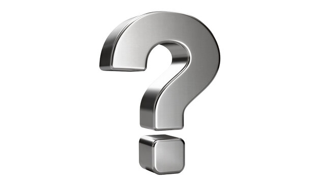 Isolated 3D render of a shiny brushed metallic silver question mark symbol representing inquiry