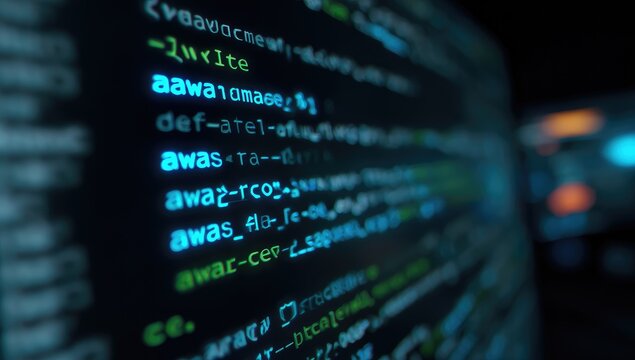 Close-up of computer screen displaying lines of abstract programming code in various light-blue shades. The background is dark