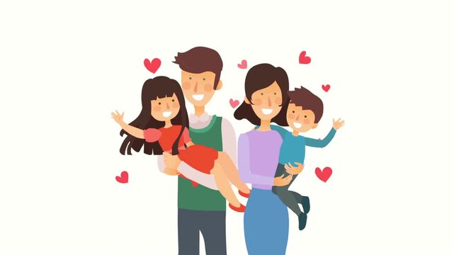 Happy family standing together with parents holding their young daughter and son while floating hearts appear.