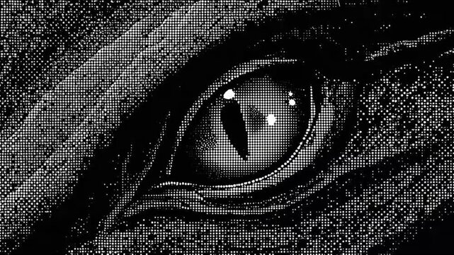 Reptile eye animation featuring detailed black and white halftone textures for creative digital motion graphic design video projects now
