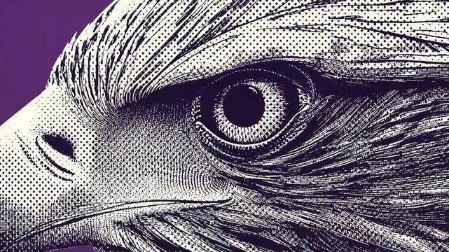 Eagle eye blinking animation featuring intense detailed vintage halftone engraving style graphic motion for creative digital video project background