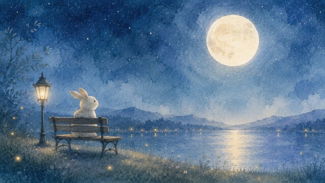 満月の夜にベンチに座るウサギ