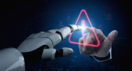 Obraz premium AI monitors network to issue real-time alerts for cybersecurity incidents. Alert warning showing red cyber for data breach, network threat, emphasis on security risk, caution, digital protection Vouch