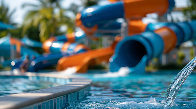 Colorful water park with multiple large tube slides and a splash pad area, vibrant blue and orange slide structures curving into a clear pool, defocused tropical palm trees and
