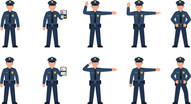 Police Officer Character Vector Set Featuring Flat Law Enforcement Agents in Uniform Showing ID Badge, Directing Traffic, Saluting, and Posing Pack