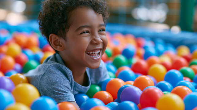 Young boy laughing and playing in a pool filled with colorful plastic balls, pure childhood joy, defocused pool edges in background, ball pit pool concept photography, sensory