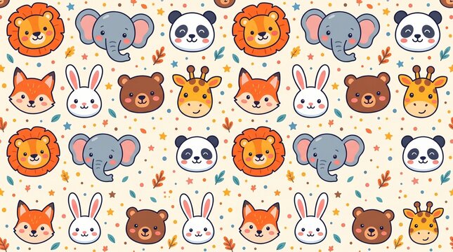 Seamless pattern featuring adorable animal faces including lion, elephant, panda, fox, rabbit, bear, and giraffe, colorful children's design, clean vector illustration style, ultra detailed, 8k.