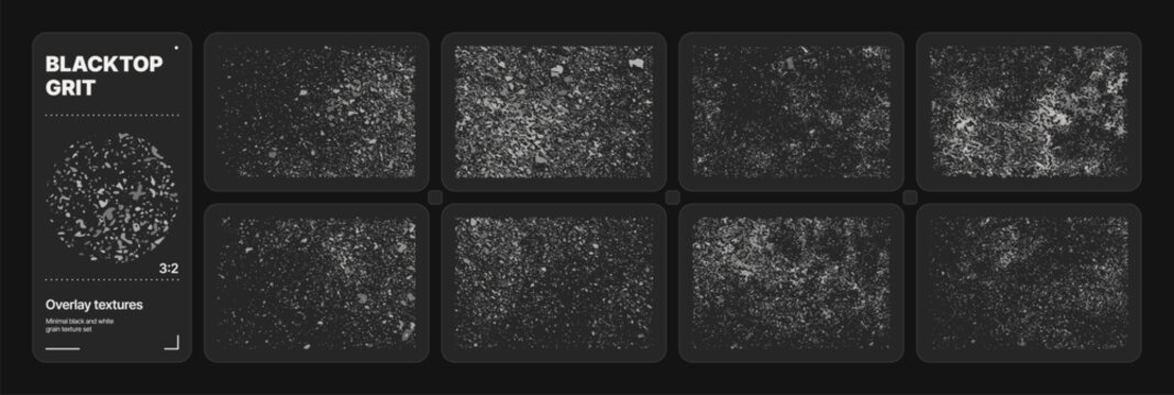 Dark asphalt grunge vector texture set, realistic worn road surface grain background collection