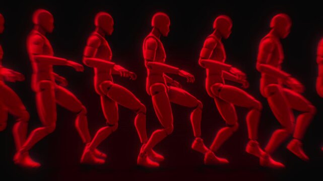 A group of Androgynous AI Humanoids slowly tiptoeing in a line. 
