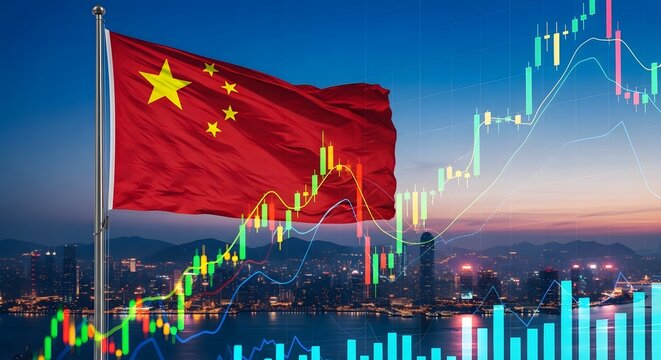 Chinese flag with stock market graphs and cityscape at dusk